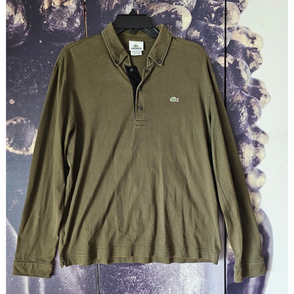Lacoste Olive Green Long Sleeve Polo Shirt Cotton 1/4 Button Collar Men Size 5 L